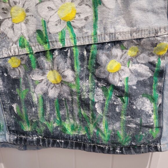Hand Painted Denim Mini Skirt size 12 Daisy Field patchwork One of a Kind Rare - Picture 10 of 12
